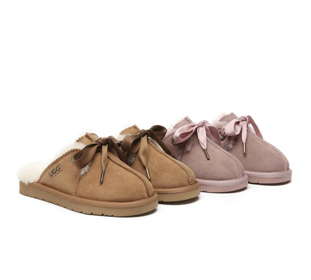 AUSTRALIAN SHEPHERD® UGG Women Sheepskin Wool Adjustable Ribbon Bow Slippers Ruby