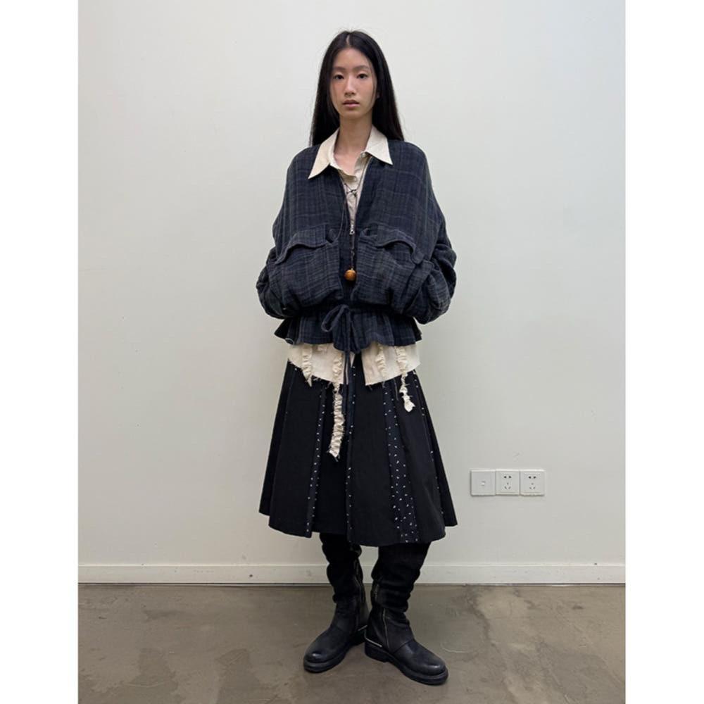 NEVERSEEZ 자켓 코튼 플레드 조절 가능 밑단 루즈핏 자켓