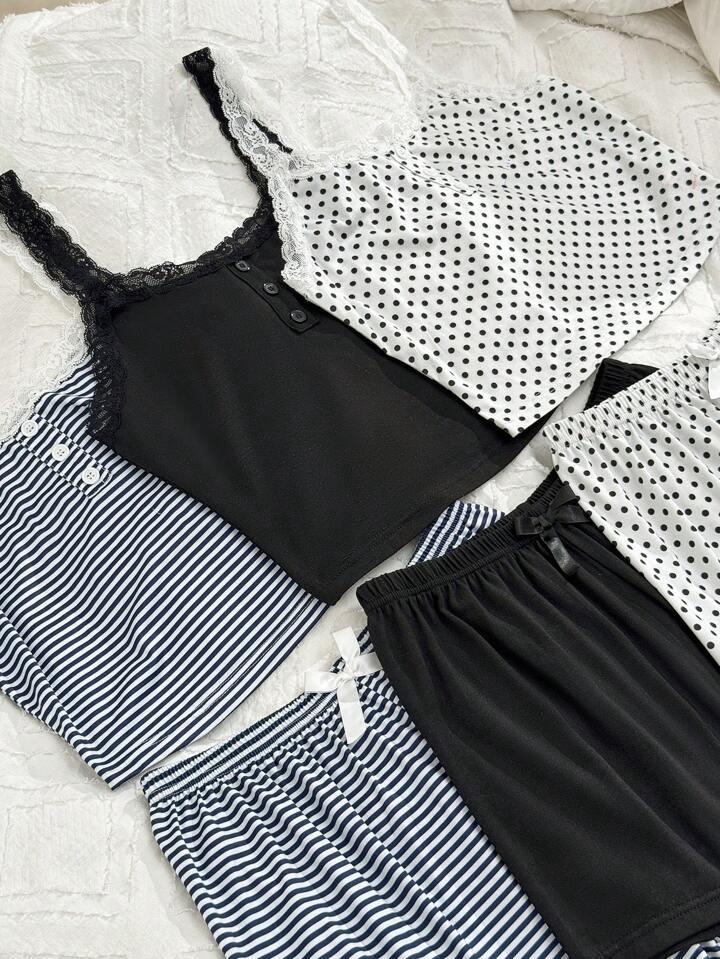 SHEIN 6개 여성용 캐주얼 피팅 가짜 플래킷 레이스 패치워크 플로럴 프린트 캐미솔 반바지 잠옷 세트