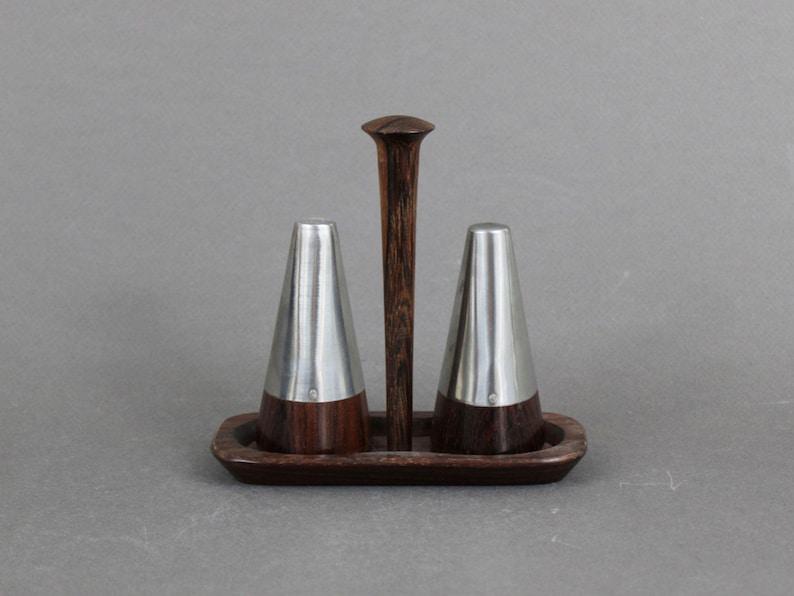 Vintage 1960s Danish salt & pepper shakers, Rosewood and stainless steel, Mid century modern dining table decor