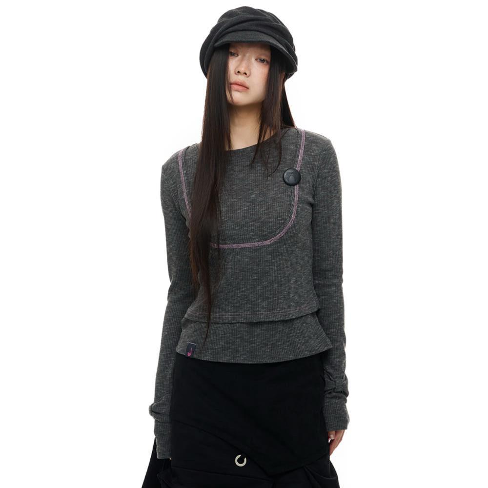 JIKOO 티셔츠 슬림핏 라운드넥 스트레이트 숄더 긴팔 티셔츠