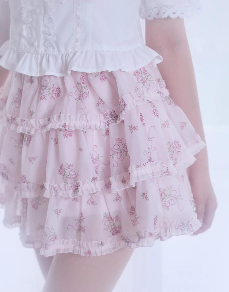 Ribbon rose garden skirt／Fiorforte - WHITE / FREE