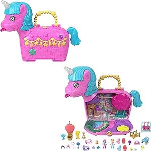 Polly Pocket 인형 및 놀이 세트, 애완 동물 및 25개 이상의 서프라이즈 액세서리, 생일 축하 유니콘 파티랜드 놀이 세트, 열기구 타기