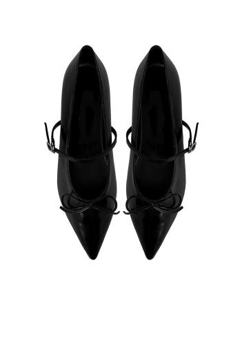 에제에제 심플 블랙 스틸레토 리본 뾰족코 스트랩 로우힐 플랫슈즈 (59)