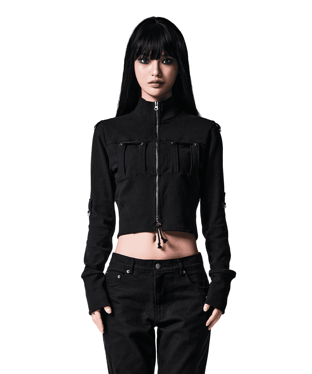 HIGH NECK STRAP ZIP-UP BLACK