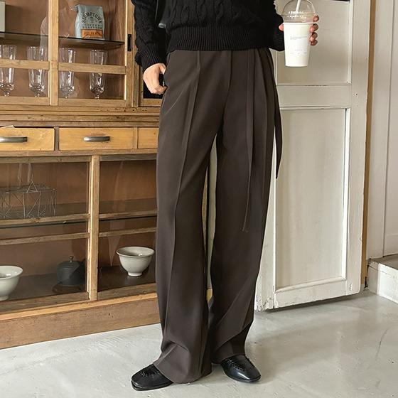 [허리스트랩/핀턱와이드] 허리 스트랩 와이드 슬랙스 (와이드팬츠,스트랩슬랙스,롱와이드,핀턱슬랙스)