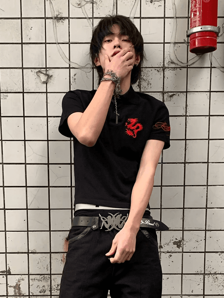 [no E mosen] Black & Red Polo Short Sleeve Crop Top