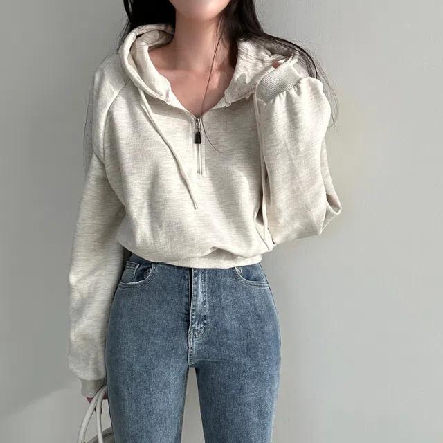 [5color/허리잘록/꾸안꾸] 가을 뮤트 반집업 크롭 후드티,맨투맨 - mtm_휴지마켓