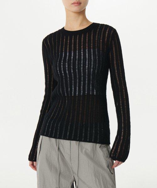 우먼즈 플랫 얀 버티컬 크로셰 크루 넥 니트 [블랙]