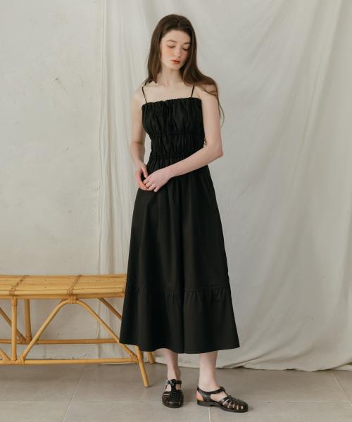 뷔스티에 셔링 롱 드레스_BLACK