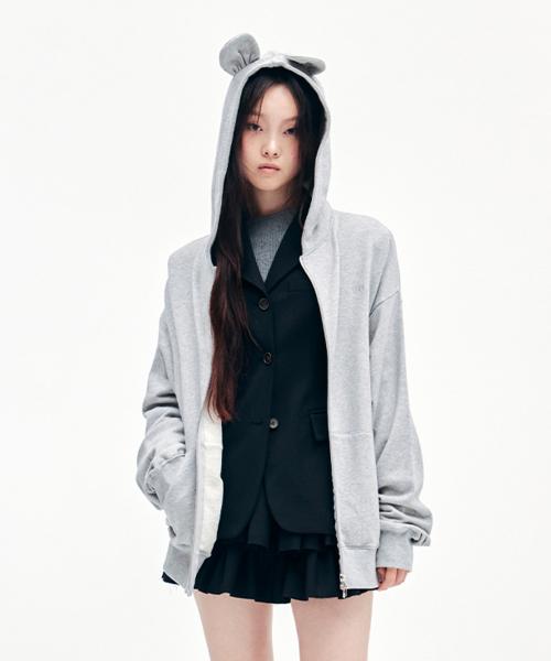 YOUHEE EAR DETAILED HOODIE ZIP-UP MELANGE GREY