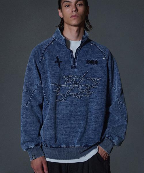 Cut Off Offshoot Logo High Neck Quarter Zip Up - Deep Blue