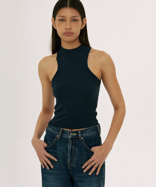 Varied Rib Halter Neck Navy