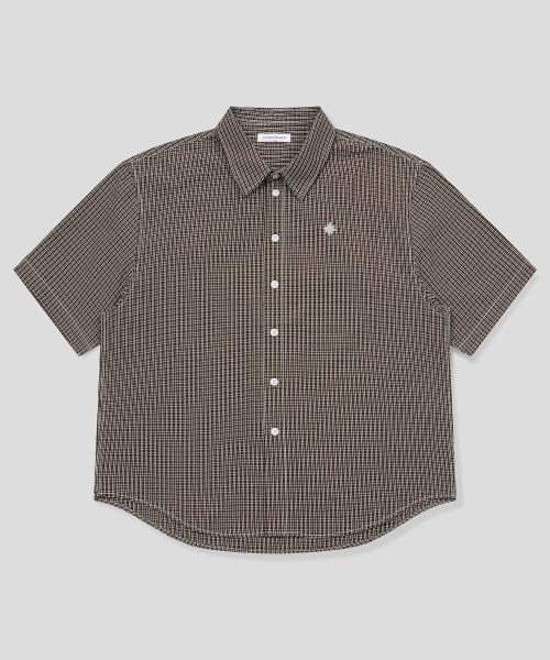 로고 체크 반팔 셔츠_브라운