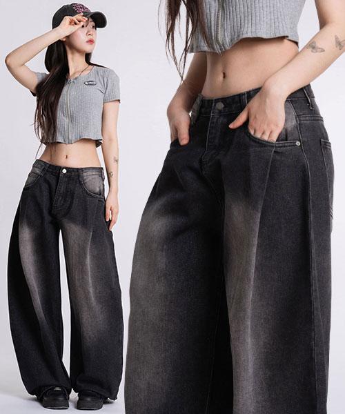 P54_[기본/롱/S~3XL/5컬러] 앞핀턱 와이드 데님 팬츠 / 흑청