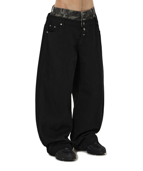 LAYERED WAIST WIDE VOLUME PANTS - BLACK