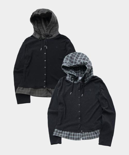 체크 프릴 레이어드 후드 스트링 롱 슬리브 가디건_2COLOR