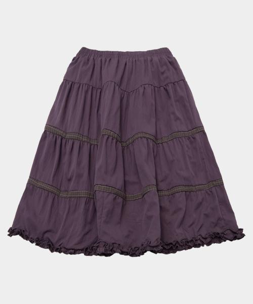 체크 배색 프릴 포인트 볼륨 플레어 캉캉 미디 스커트 [퍼플]