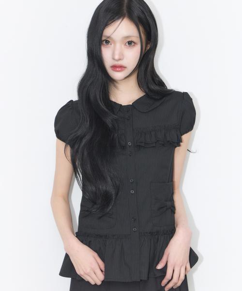보우 포켓 러플 블라우스 스트라이프 블랙