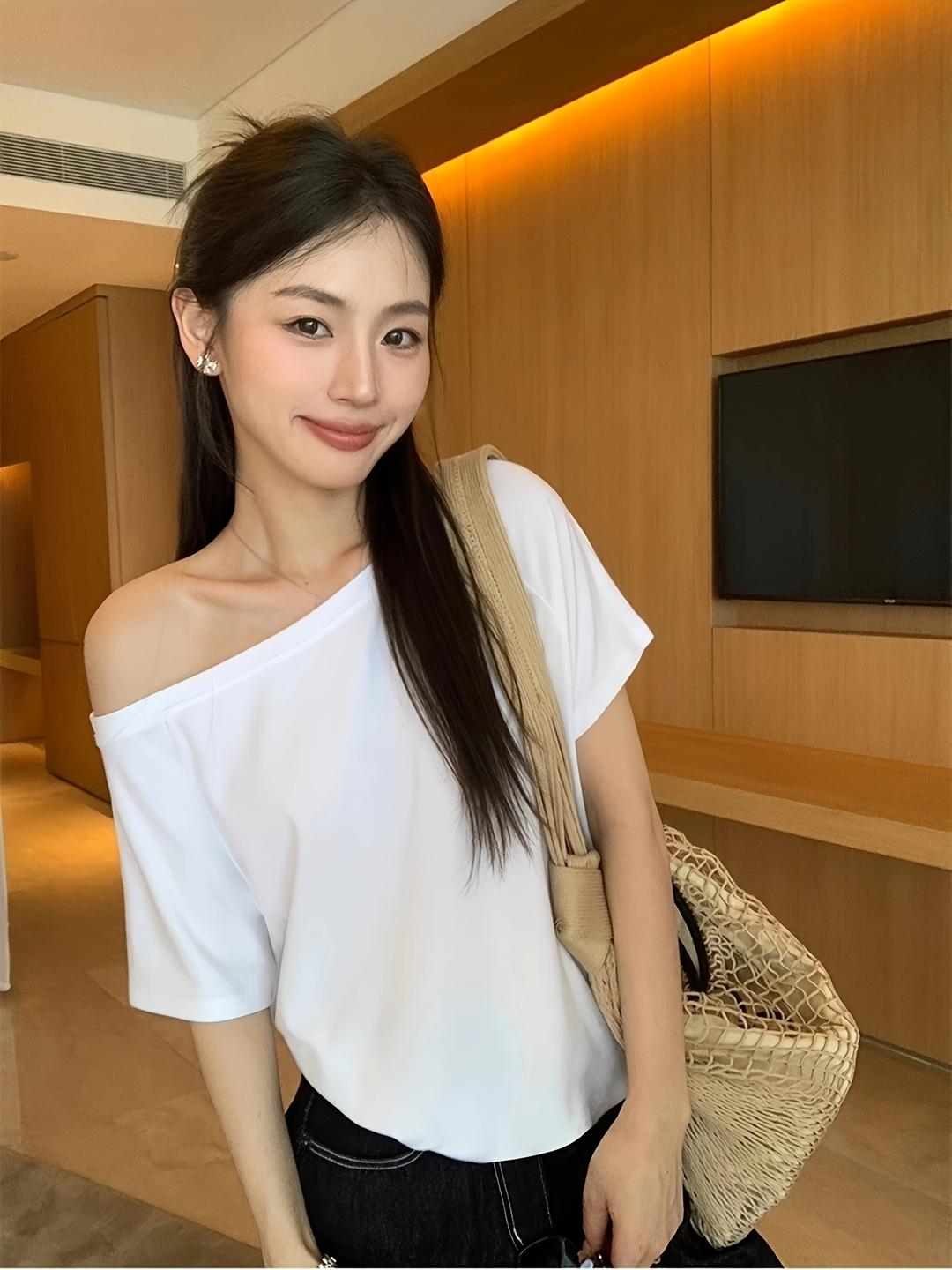 여성용 오프숄더 원숄더 드롭 숄더 티셔츠 여름 캐주얼 시크 루즈핏 탑 통기성 솔리드 컬러 기계 세탁 가능 패 - Temu Republic of Korea