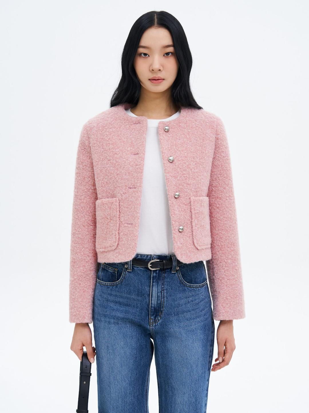 핑크 부클 트위드 자켓 - 라이트 핑크