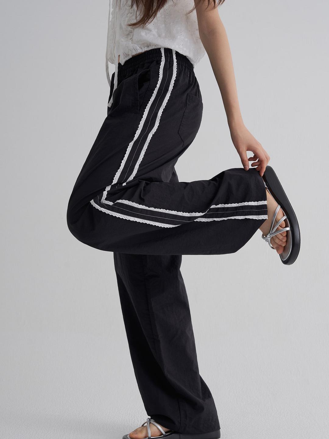 레이스 배색 팬츠 - 블랙