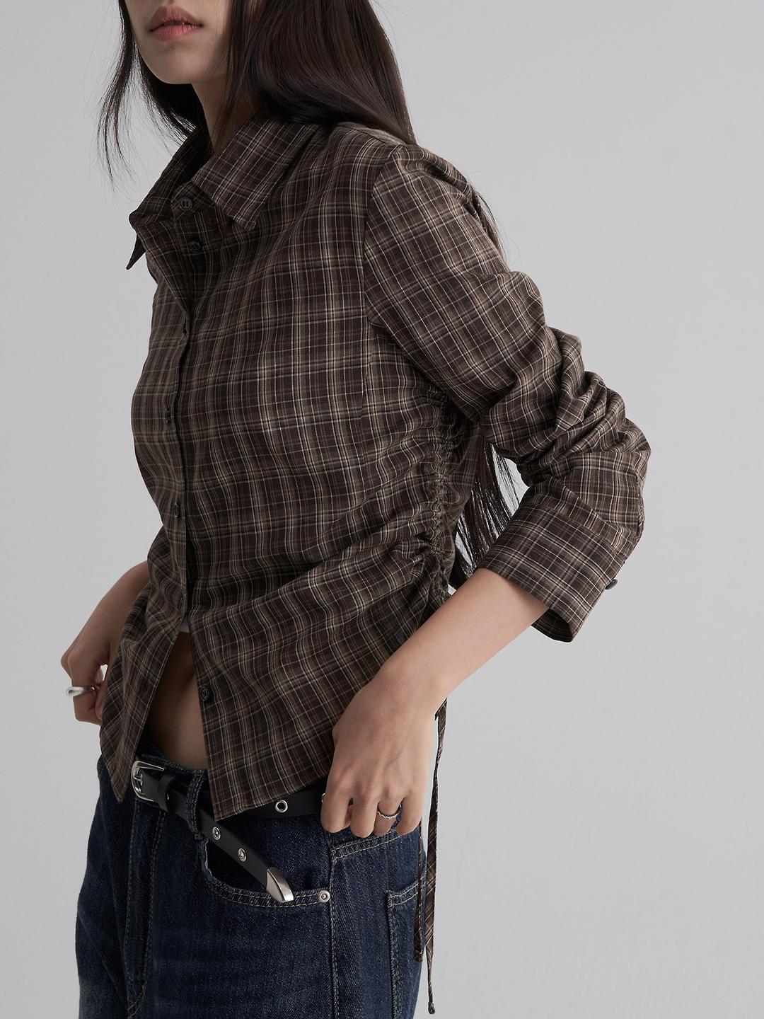 체크 슬림핏 셔츠 - 브라운