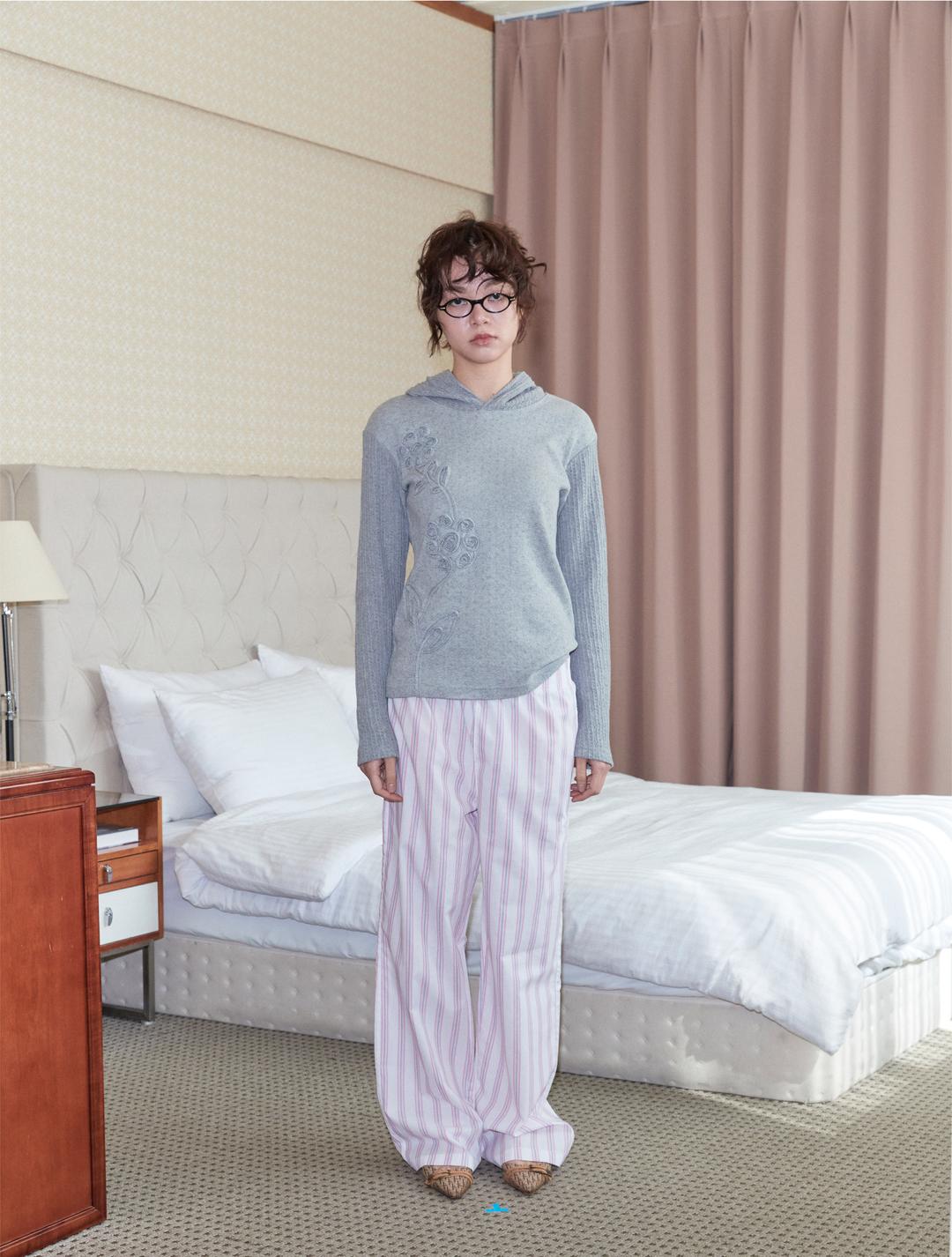 flower knit slim hoodie_ grey