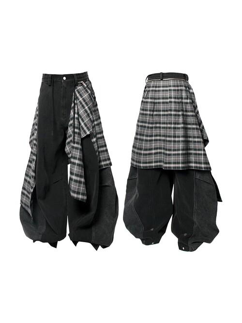 3D Detachable Check Curtain Denim Pants