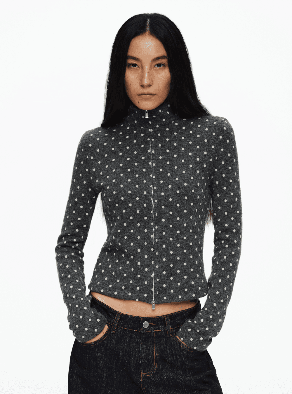 French Grey Polka Dot Neck Zip-Up