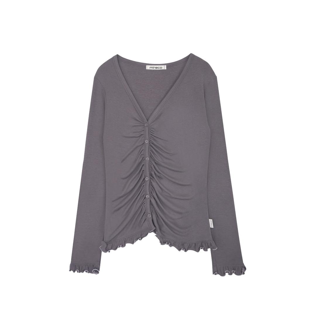 ASYMMETRIC SHIRRING LACE CARDIGAN SMOKE PURPLE