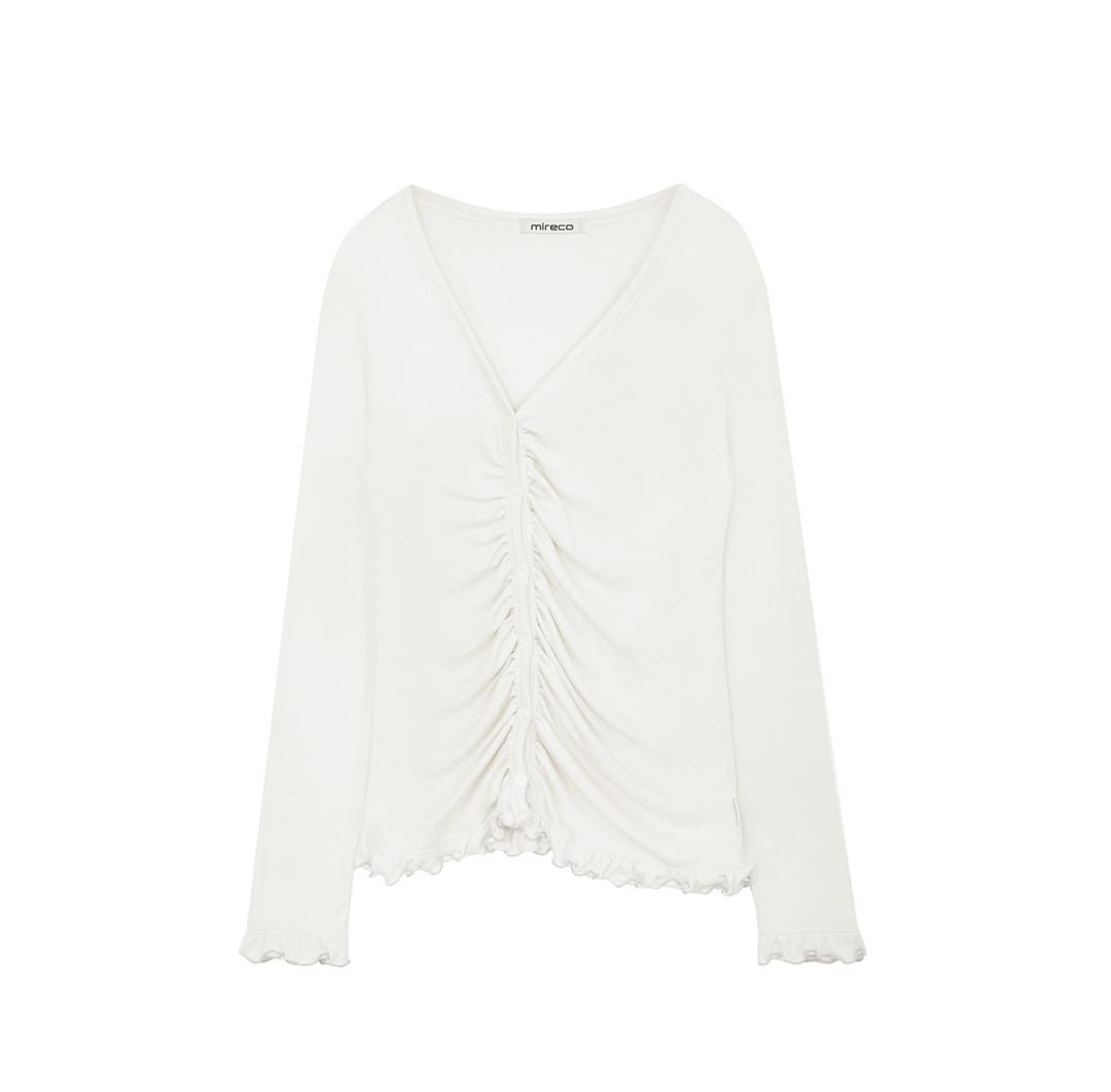 ASYMMETRIC SHIRRING LACE CARDIGAN DUSTY WHITE