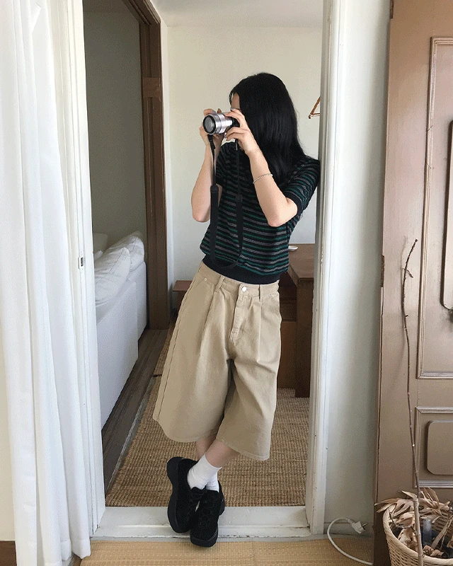 [단독/여름니트🌴] 쇼어 단가라 반팔 니트 (시원한소재/세미크롭니트/반팔니트/스트라이프카라니트/얇은니트)