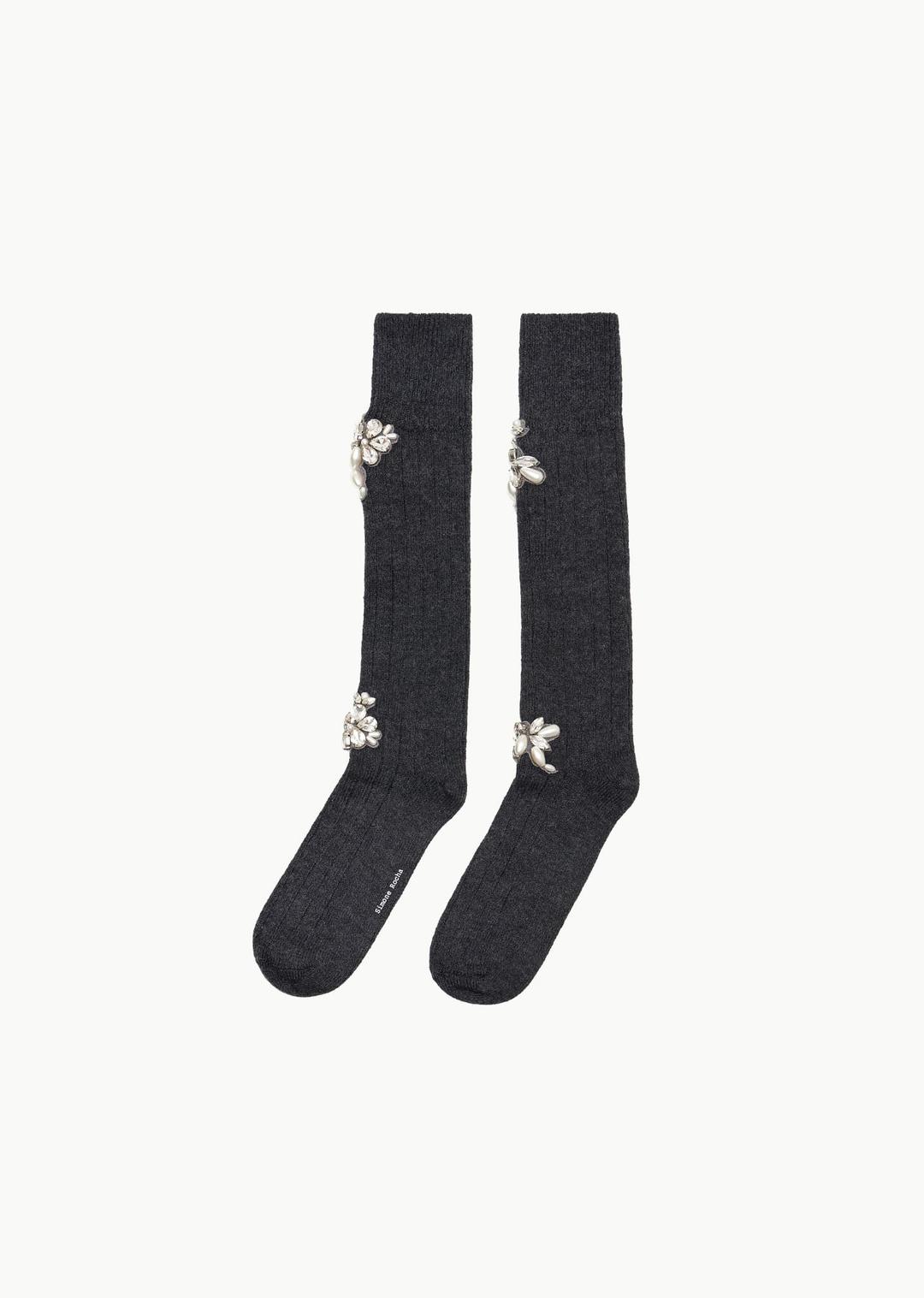 pearl and crystal rose knee sock, charcoal