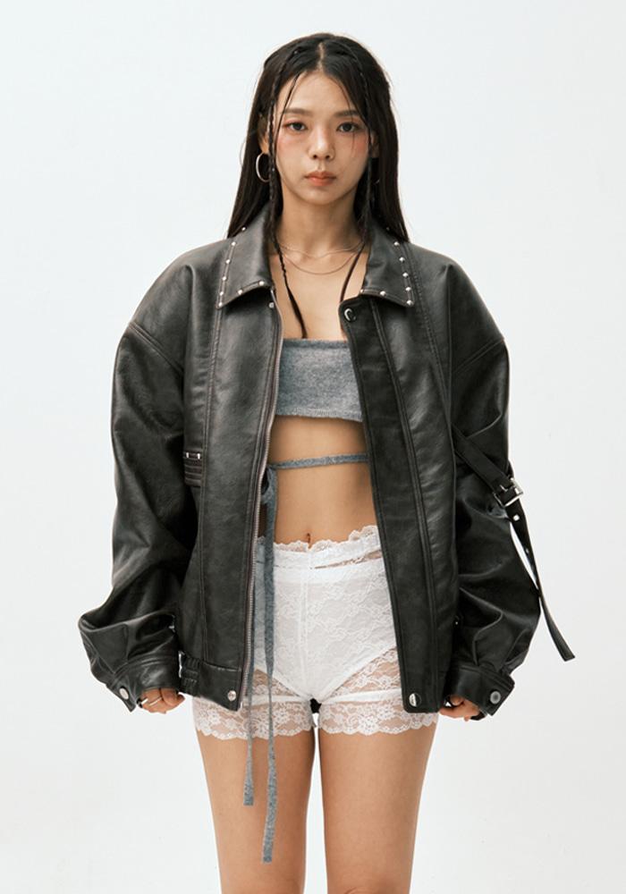 [3차 리오더]STUDDED BACK PRINT LEATHER JACKET / BROWN