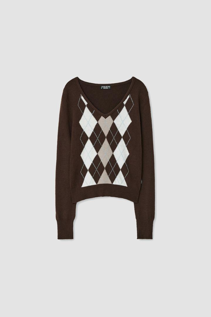 Argyle V-neck Knit Top / Brown