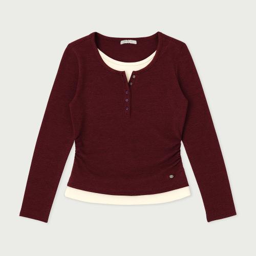 여성 웨일 레이어드 버튼 헨리넥 티셔츠_490(10560-131-207-12)